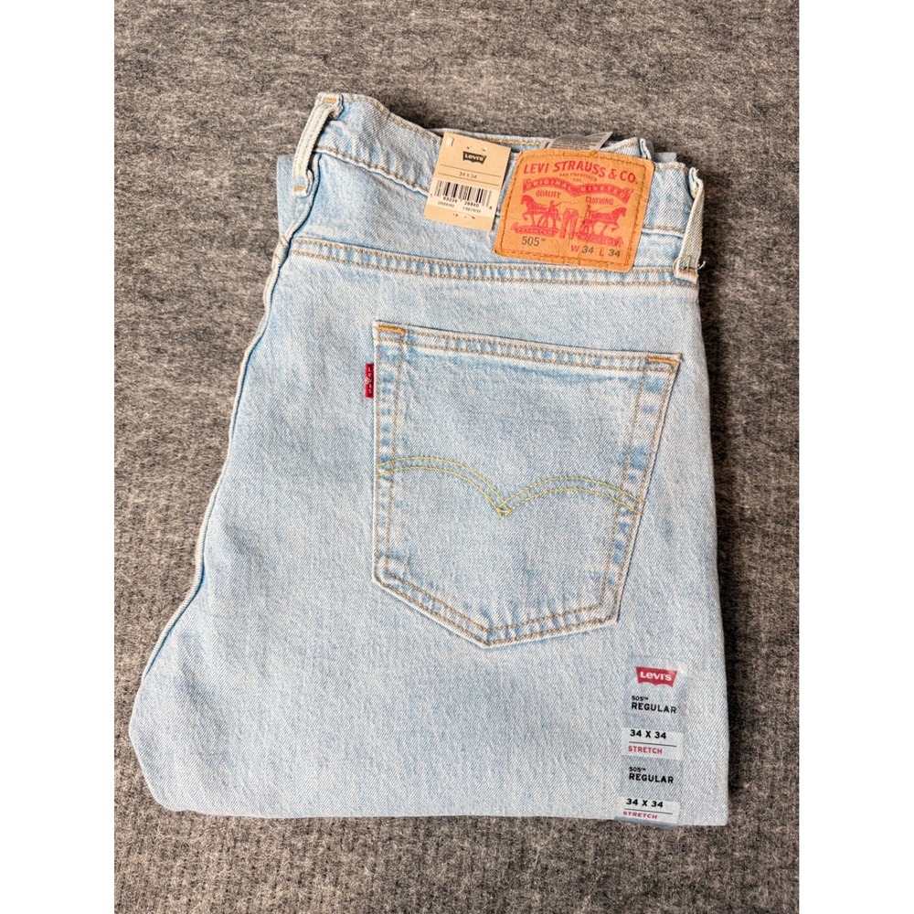 Levis 505 Regular Fit Stretch Jeans Mens 34x34 Light Wash Blue Denim 00505-2686